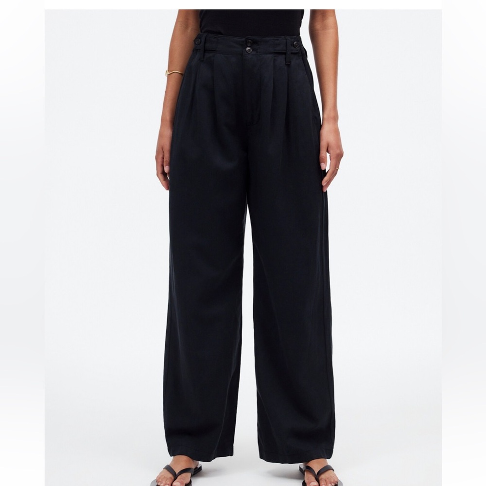 Madewell The Harlow High Rise Wide-Leg Linen-Blend Trouser Pant in True Black - Picture 3 of 9